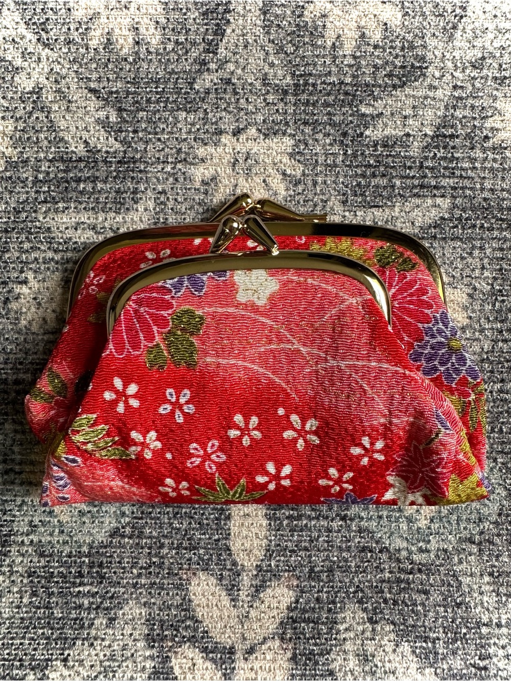 Vintage Red Floral Brocade Kiss Lock Coin Purse Japanese Gamaguchi Style